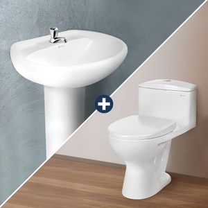 Combo Vainsa One Piece + Lavatorio IBIZA con Pedestal Quarzo +Llave Lavatorio mueble Aquarius